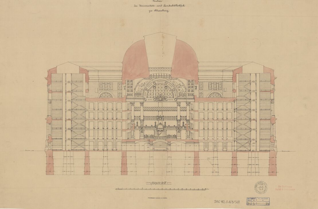 Bibliothèque nationale universitaire. Coupe transversale (nord-sud), projet de Hartel et Neckelmann. 