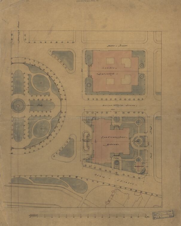  Plan d'aménagement de la place de la République comprenant les deux bâtiments de la bibliothèque et du Parlement régional (aujourd'hui Théatre national de Strasbourg). Denkmalpflege