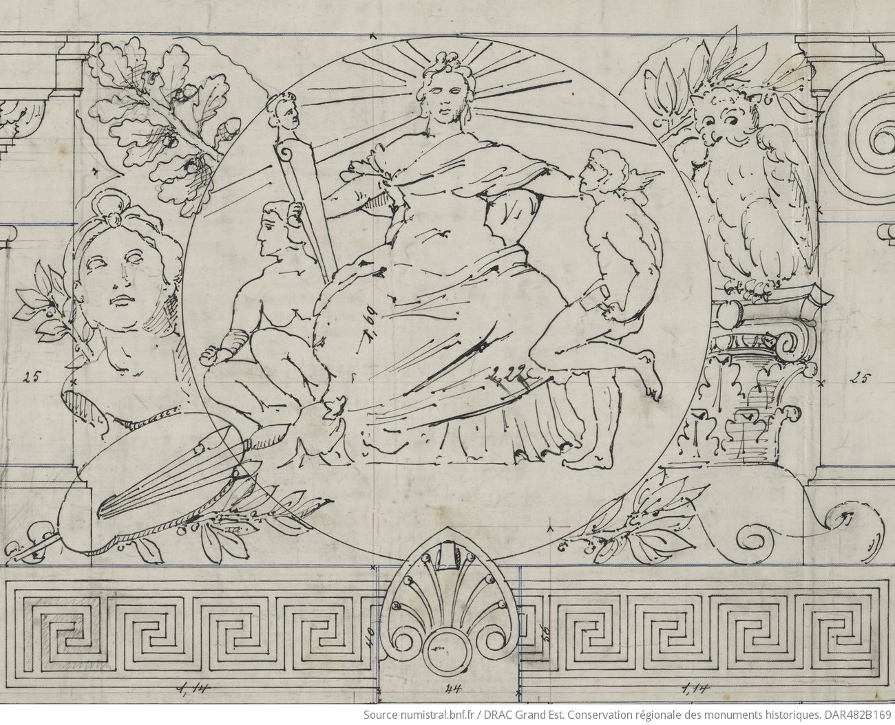 Plan d’exécution de Richard Kuder pour la façade principale (avant-corps). Détail : modèle pour les médaillons de l'avant-corps