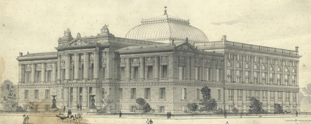 La bibliothèque vue depuis le sud-ouest (façade principale), projet de Hartel et Neckelmann